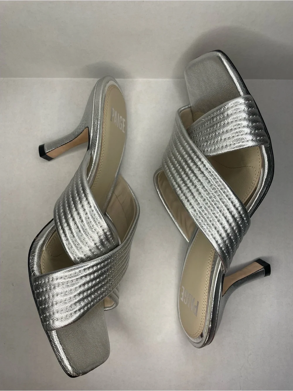 PAIGE Anthropology Leigh Metallic Silver Crisscross Open-Toed Heels